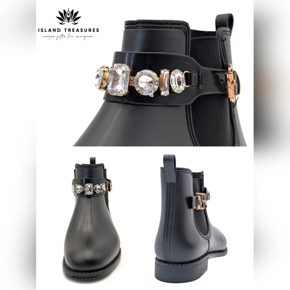 Henry Ferrera Women's Size 7.5 Black Ankle Booties with Rhinestone Jewel Accents